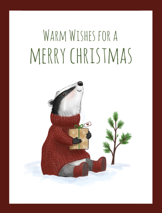 Illustration of badger in snow holding a present