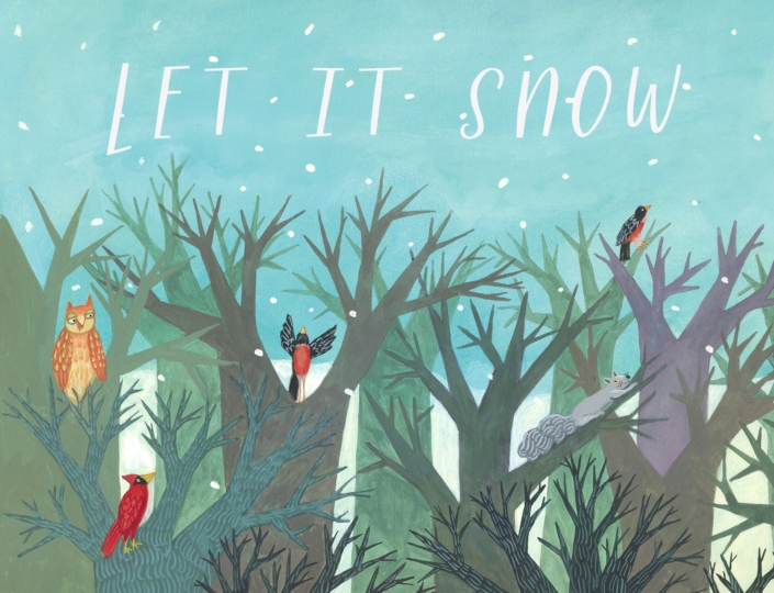 Illustration of birds in snowy trees