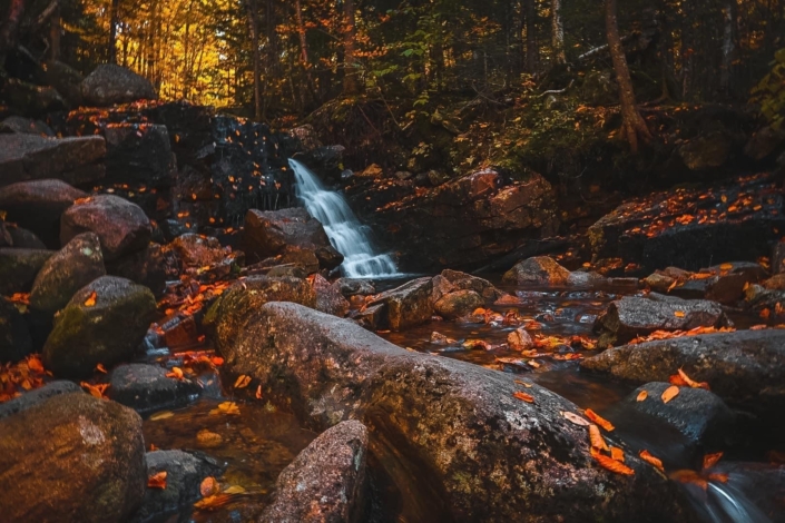 Waterfall down rocks covered in fall leaves